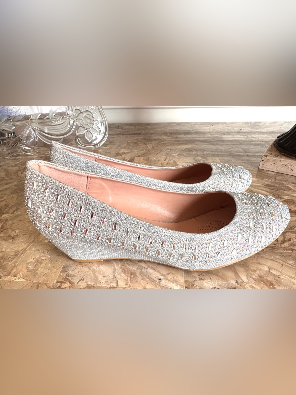 Forever Silver Sparkle Crystal wedge heels size 11